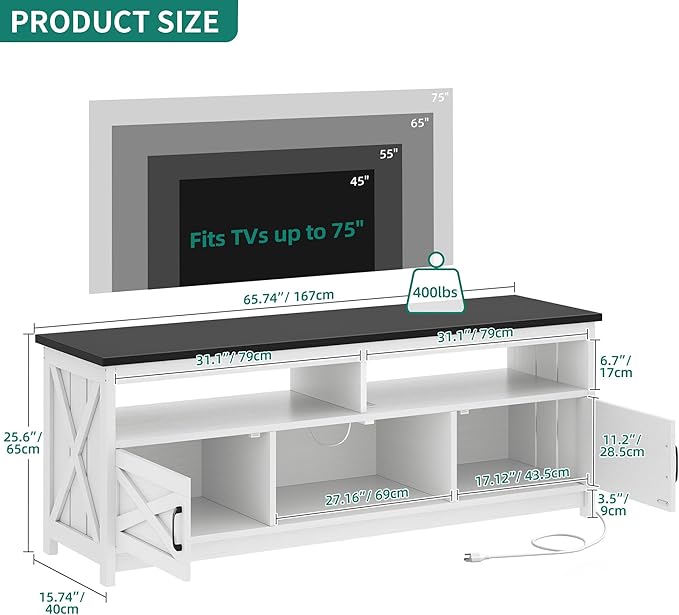 YITAHOME Farmhouse TV Stand for 65/75 Inch Television, LED Entertainment Center Television Stand with Power Outlets and Open Shelf, Media Console TV Cabinet for Living Room, White/Black