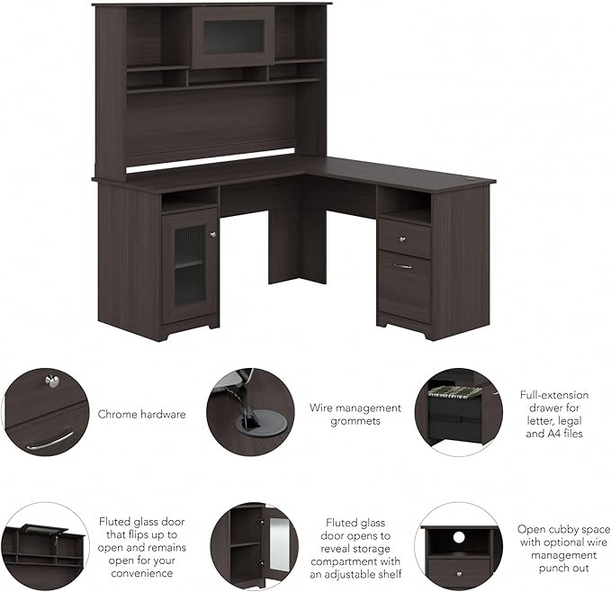 Bush Furniture Cabot L Shaped Desk with Hutch | Corner Desk with Storage for Home Office in Heather Gray | 60W L Shaped Computer Desk