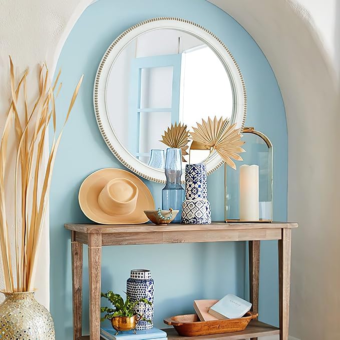 sawsile Wood Circle Mirror,Rustic Farmhouse Wall Mirror 32 inch Round Morden Decoration Wood Large Mirror White Accent Mirror for Bedroom,Living Room