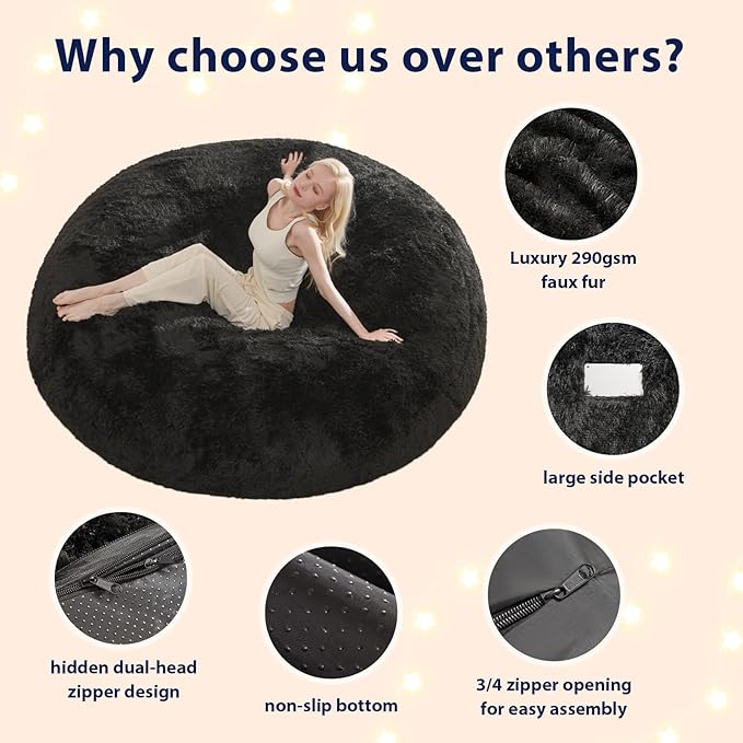 Bean Bag Cover (No Filler), Faux Fur Comfy Bean Bag Covers for Adults, Washable Beanbag Chair Cover, Fluffy Plush Giant Bean Bags Chairs Covers for Teens Kids Girls, Anti-Slip, 5FT, Black