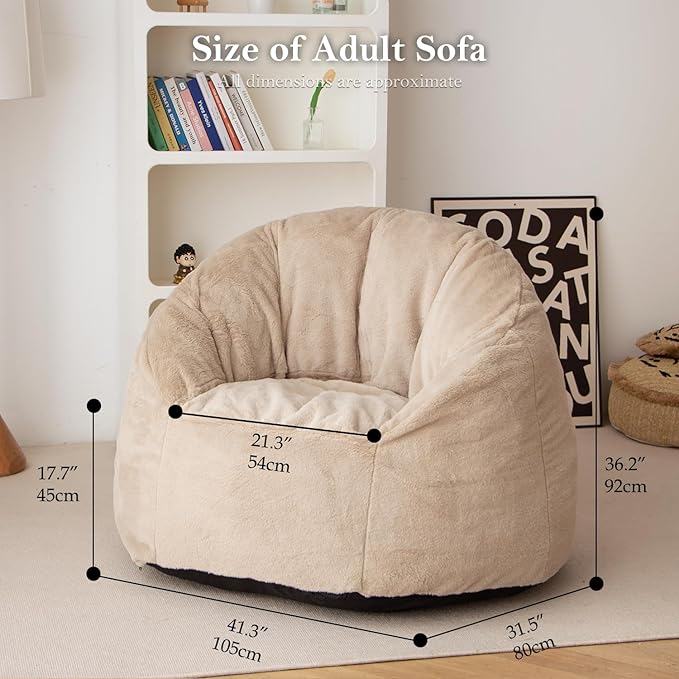 N&V Large Shell Bean Bag Chair, Adult Size Bean Bag Sack, Foam Filling, Includes Removable and Machine Washable Cover, 40in, Soft Faux Fur, Champagne
