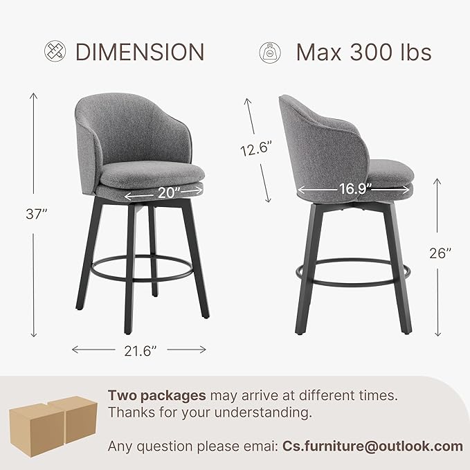 Counter Height Barstools 26 inch Upholstered Swivel Bar Stools with Back and Wood Legs for Kitchen Island,Set of 3,Dark Grey Fabric