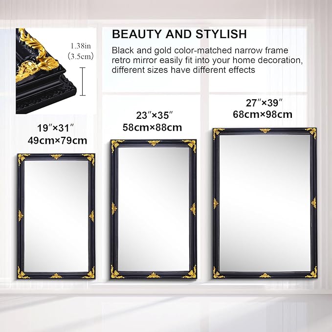 35" x 23" Large Antique Mirror, Black and Gold Modern Elegant Mirror with Victorian Wood Frame for Entryway Over Console, Bedroom, Dining Room