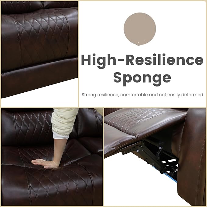 Leather Recliner Sofa Couch, 3-Seater Home Theater Seating Reclining Sofa, Power Reclining Couch with Cup Holders & Drop Down Table for Living Room Furniture Sets, Brown