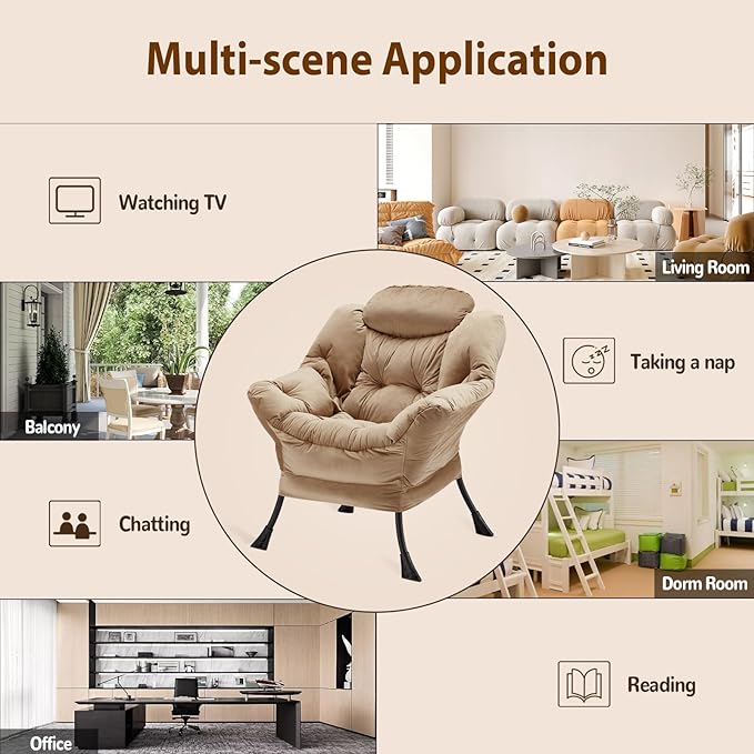 Lazy Chair Thick Padded, Comfy Velvet Accent Lounge Chair with Stable Frame, Leisure Sofa Armchair with Armrests and Side Pocket, Reading Chair for Bedroom, Living Room, Office, Khaki