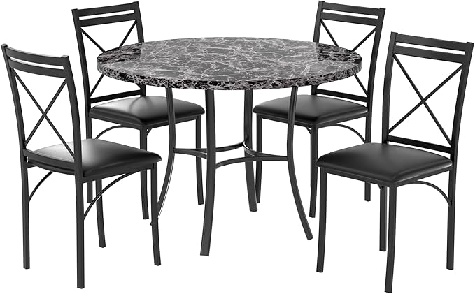 VECELO 5 Piece Dining Table Set for 4, Faux Marble Dinette with Chairs for Kitchen, Breakfast Nook, Small Space, Black