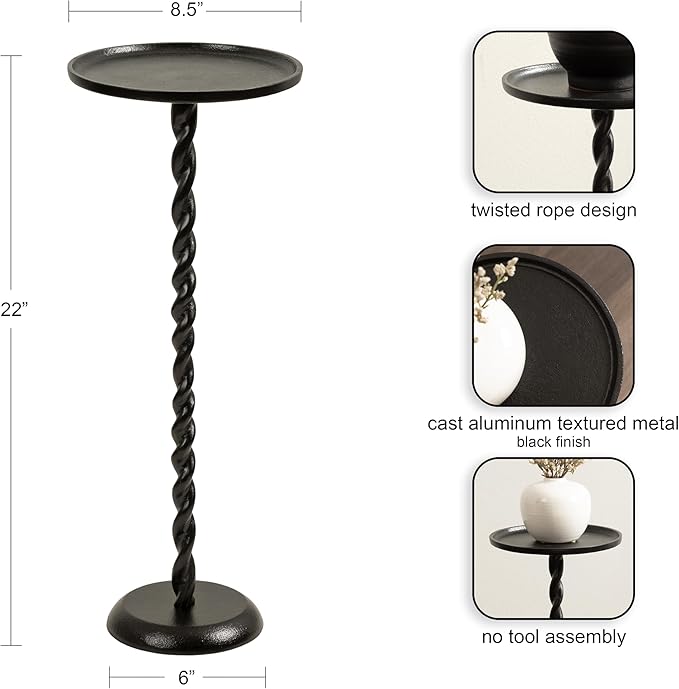 Kate and Laurel Ropa Transitional Round Pedestal Drink Table, 9 x 9 x 22, Black, Decorative Cast Aluminum Mini Table with Spiral Rope Design for Use as Indoor Plant Stand or Living Room Accent
