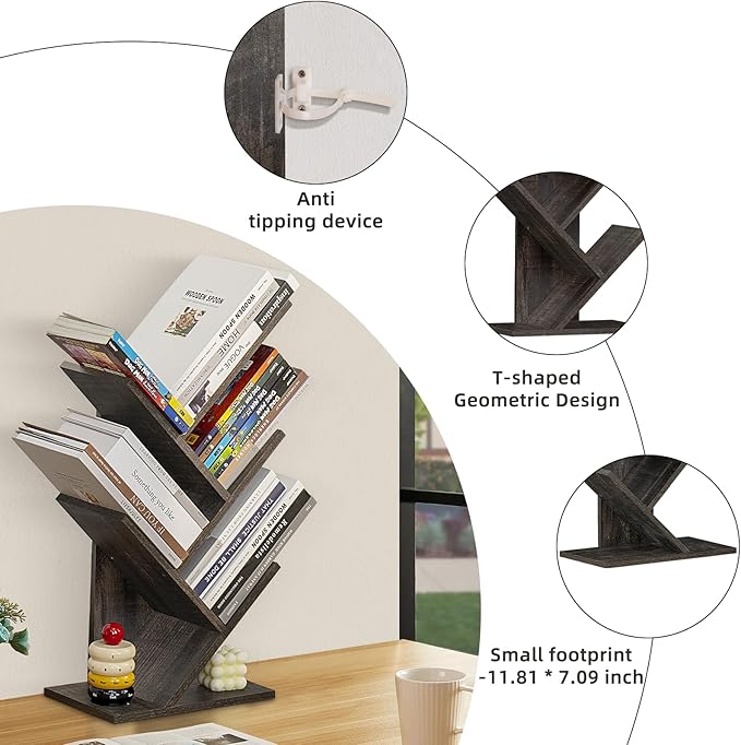 5 Tier Tree Book Shelf, Small Desktop Bookshelf with Storage Organizer, Wood Bookcase, Desk Display Bookshelves, Floor Standing Organizer Bookcases for Living Room,Bedroom,Office-Dark Grey