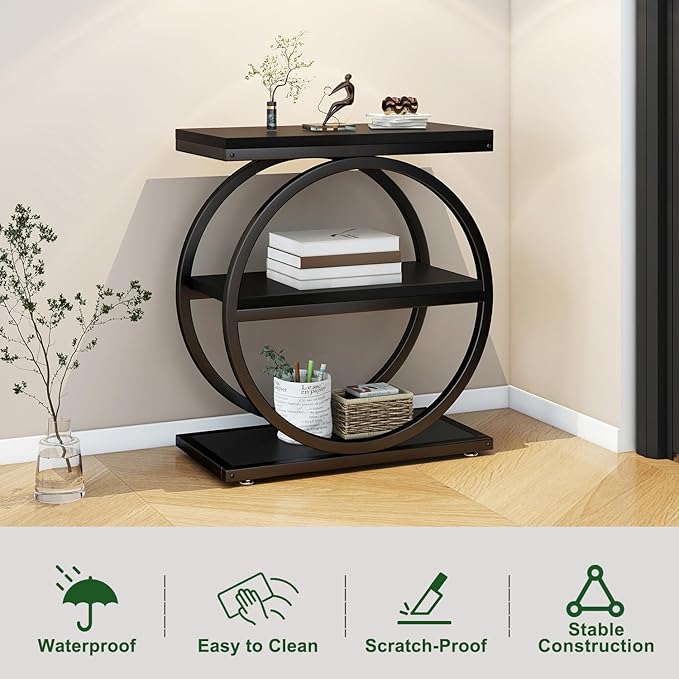 IBUYKE Narrow End Table with 3 Storage Shelves, Industrial Sofa Side Table, Double Round Metal Frames, Slim Nightstand and Bedside Table for Bedroom, Living Room, Black UTMJ418B