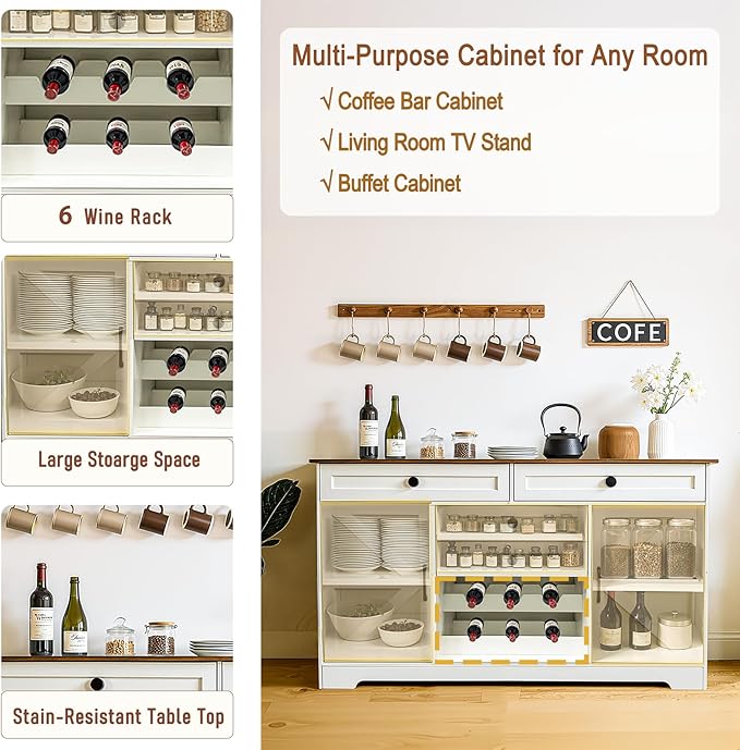 Modern Buffet Cabinet with 4 Drawers, 2 Doors & Adjustable Shelf, Large Sideboard Cabinet with Wine Rack, Kitchen Storage Cabinet for Kitchen, Living Room,Coffee Bar, White
