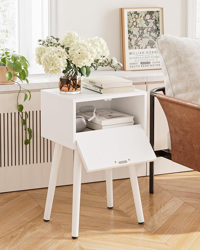 Night Stand, White Nightstand with Fluted Door, Small Modern Mid-Century Bedside Table for Bedroom, End Table for Living Room