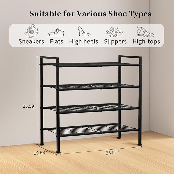 Simple 4 Tier Shoe Rack,Metal Stackable Shoe Storage Organizer for Closet,Entryway, Bedroom, Black (Black, 4-Tier)