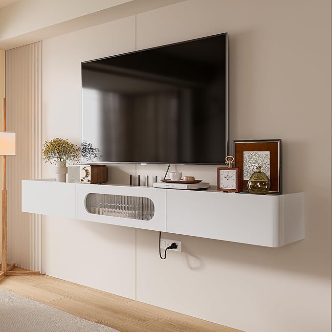 Floaticase Floating TV Stand, 70IN Fully Assembled Hign Gloss Wall Mounted TV Console with Flip-Down Door & Drawers for Livingroom, Bedroom