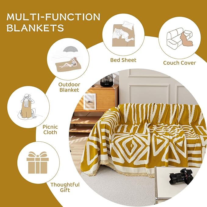 STACYPIK Boho Ginger Yellow Couch Cover, Reversible Sofa Cover L Shaped, Pets Protector for 2 Cushion Couch, Anti Slip Loveseat Sofa Cover Pet Friendly, Washable Jacquard Couch Cover Blankets-71X118IN