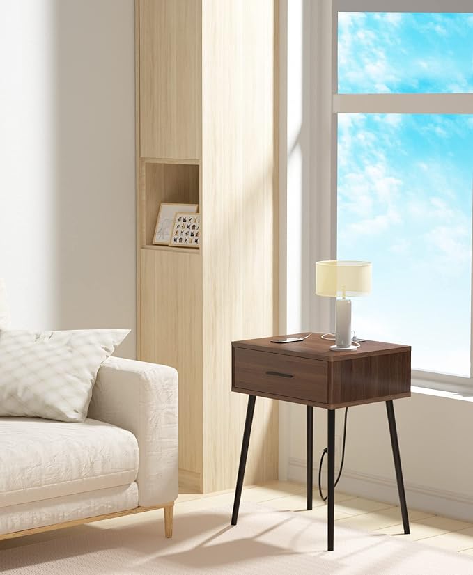 HAIOOU Set of 2 Mid Century Nightstand with Charging Station, End Table Modern Side Table One Drawer with Premium Matte Black Handle and Pine Wood Legs for Home Bedroom Living Room (NS003X)