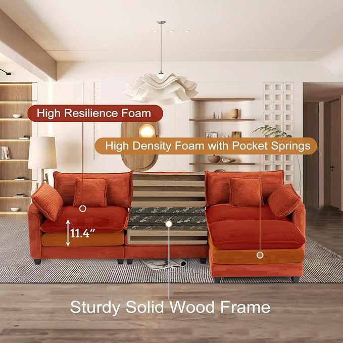 Furniliving 117‘’ L-Shaped Sofa, Luxury Corduroy Modular Sectional Couches with Ottoman, Upholstered Deep Seat Sleeper Sofa with Memory Foam and Waist Pillows, Orange
