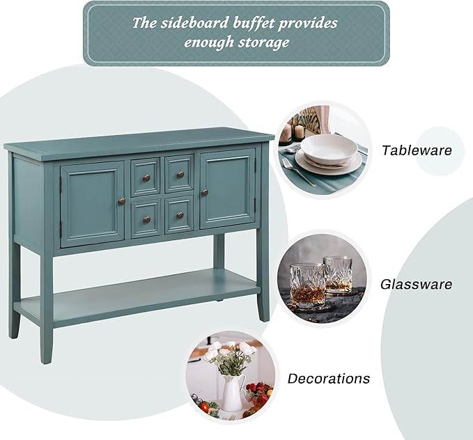 Merax Wood Farmhouse Buffet Table with Storage Shelf, 2 Drawers and Cabinets Buffet Coffee Bar Cabinet for Living Room Dinning Room Kitchen (Dark Blue)