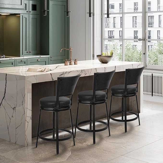 Bar Stools, 25 Inch Metal Counter Height Barstools Set of 2, Faux Leather Round 360° Swivel Bar Chairs with Backrest, Modern Swivel Bar Stool for Kitchen Island, Black