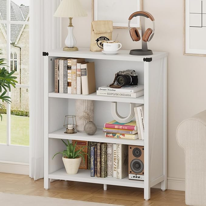 BON AUGURE White Bookcase, 3 Shelf Bookshelf, Farmhouse Wooden Book Cases/Shelves, Small Open Storage Book Shelves for Home School Library Office Bedroom Kids (White Oak)