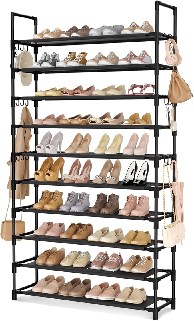 Tall Shoe Rack 10 Tier Shoe Organizer Large Shoe Shelf with 18 Hooks Storage for 50 Pair Sneaker and Boot, Stackable Vertical Shoe Rack Organizer for Closet, Entryway, Bedroom