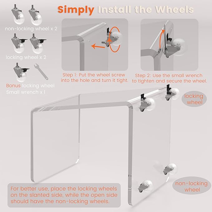 Modern Acrylic Side Table, Mobile C Shaped End Table for Sofa, Invisible Style Nightstand/Drink Tables/Snack Rolling Cart - Unique Stable Trapezoid Frame Design