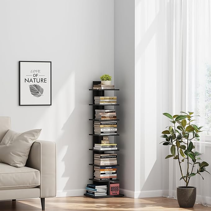 TUTOTAK Narrow Bookshelf, 8-Tier Bookcase, Spine Book Shelf for Small Space, Corner Standing Shelf for Living Room, Office, Study, Entryway, Black BS06BK008