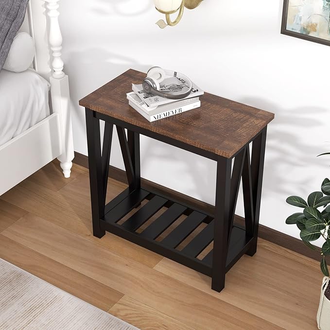 ChooChoo Farmhouse End Table, Rustic Vintage Narrow End Side Table with Storage Shelf for Small Spaces, Nightstand Sofa Table for Living Room, Bedroom Black