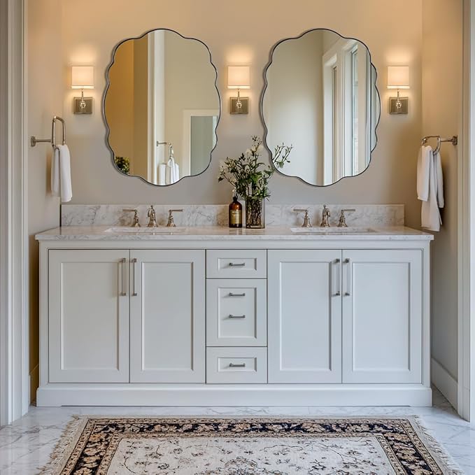 ANDY STAR Brushed Nickel Bathroom Mirror, 24x32 Inch Silver Asymmetrical Wall Mirror, Oval Bathroom Vanity Mirror, Unique Irregular Wall Mirror with Sophisticated Curved Design