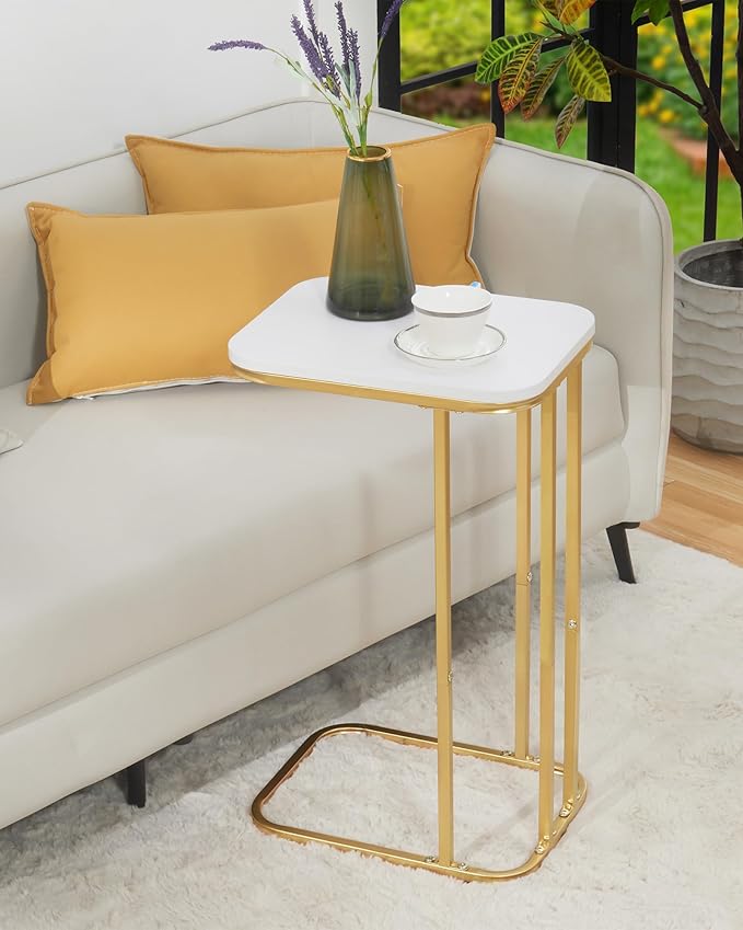 C Shaped End Table, 27 inches High Side Table for Couch Sofa Bed, Small Tv Tray, for Living Room, Bedroom, Metal Frame, Gold & White
