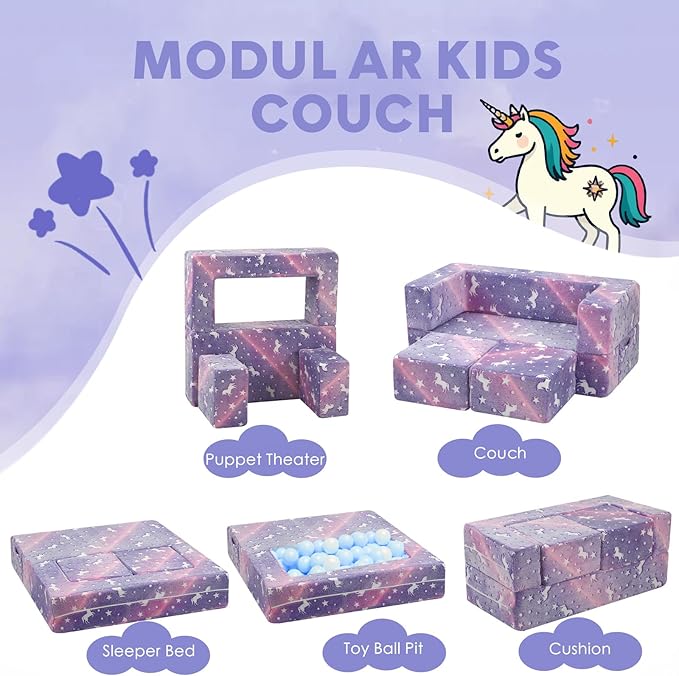 MeMoreCool Unicorn Modular Kids Couch, Glow Rainbow Play Toddler Couch for Bedroom, Convertible Foam Kids Sofa Bed, Fold Out Baby Sofa for Girl Boy, Purple