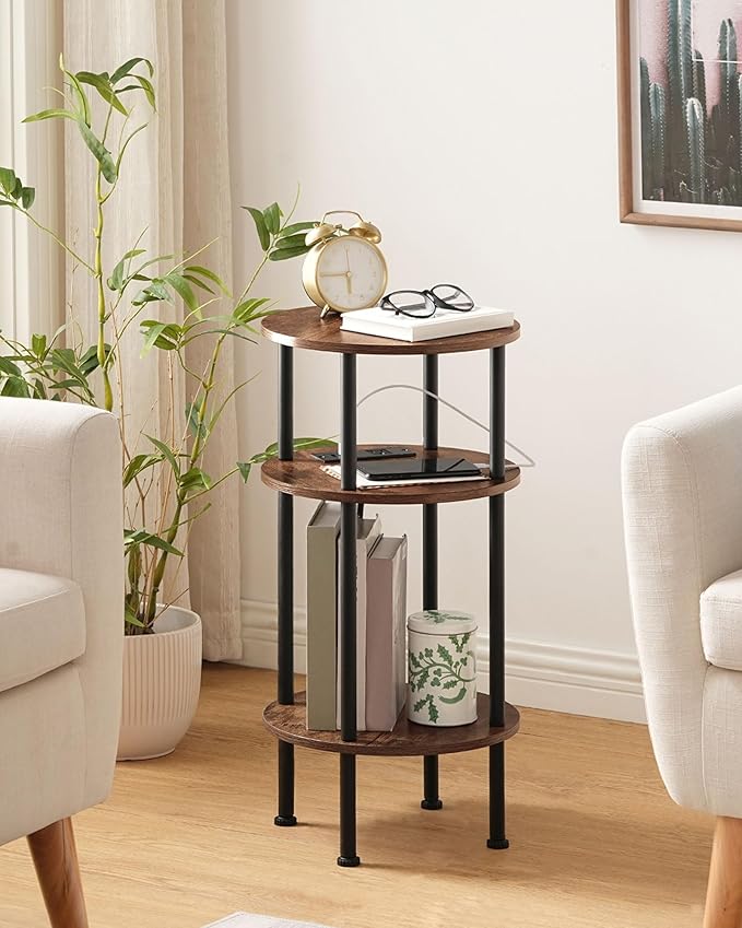 Round Side Table with Charging Station, Small Round End Table, 3-Tier Sofa Side Tables for Small Spaces, Nightstand for Living Room, Bedroom, Rustic Brown and Black TBZ06UBF