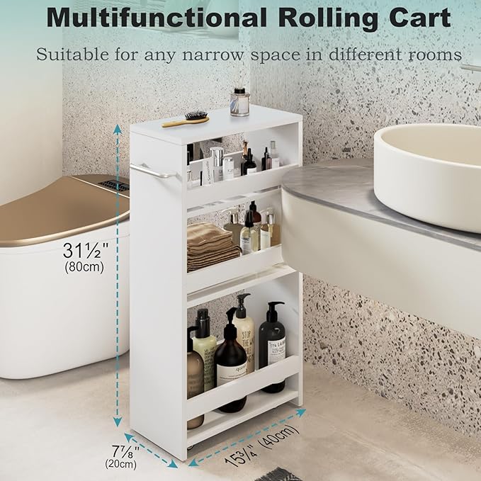 MARTY Rolling Storage Cart 7.9" W, 4-Tier Kitchen Cart with Wheels Handle, Slim Storage Cart Mobile Shelving Utility Carts for Bathroom Laundry Room Organization Narrow Places (All White)