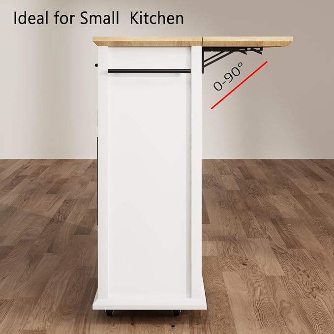 Mobile Modern Storage Island,Rolling Kitchen Island with Drop Leaf - Door Cabinet, Drawer, Bar Cart with Cabinet, Portable Cart Island Table for Kitchen,White