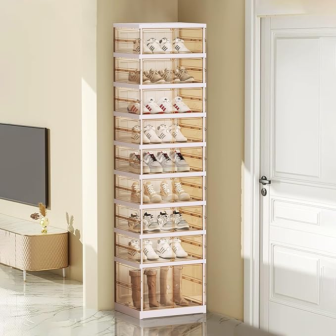 ELPHECO 9 Tier 18 Pairs Plastic Shoe Rack - Clear Foldable Shoe Organizer, Folding Entryway Shoe Cabinet, Collapsible Sneaker with Magnetic Doors, Stackable Shoe Shelf,Three-Sided Clear Shoe Box