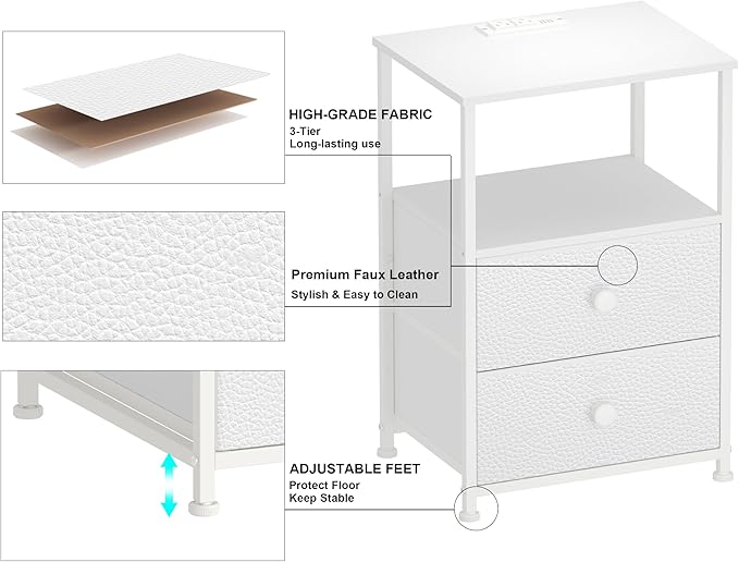 Tohomeor Nightstand with Charging Station LED Light End Table Bedroom Bed Side Dresser with Fabric Drawers Open Storage Shelf Living Room Sofa End Table with USB Ports and Outlet (White, 2 Packs)