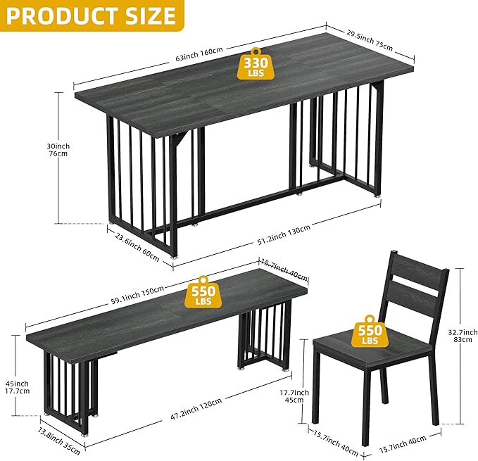 DWVO 63 Inch Dining Table Set for 6-8 People 6-Piece Large Kitchen Table Set with 2 Benches and 4 Chairs Farmhouse Rectangular Dining Room Table for Kitchen Dining Room Apartment Dark Grey