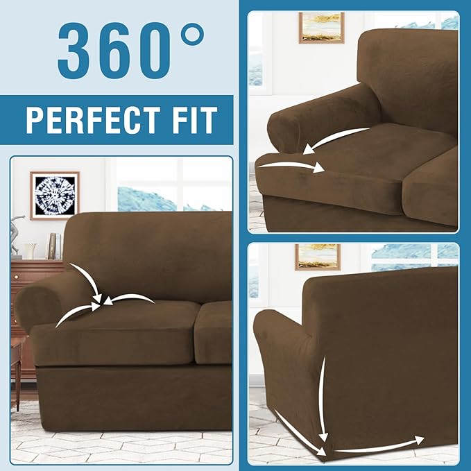 H.VERSAILTEX Sofa Cover 3 Piece T Cushion Loveseat Slipcovers Thick Velvet Couch Cover Stretch T Cushion Sofa Covers for 2 Cushion Couch with 2 Individual T Cushion Covers, Bronze Brown