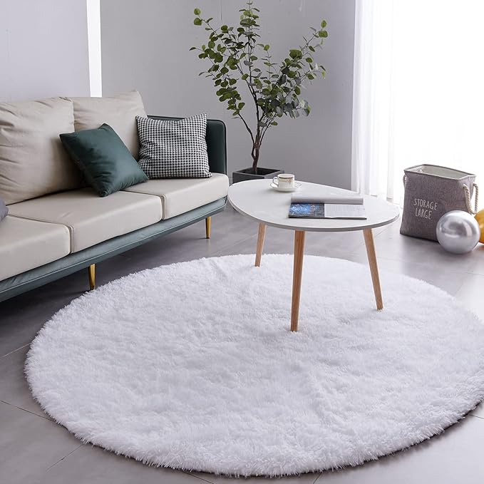 FJZFING White Round Rug Ultra-Soft Plush Modern 6x6 Circle Area Rug for Kid's Bedroom, Fluffy Shag Circular Rug for Nursery Room, Non-Slip Home Decor Cute White Carpet for Teen's Room
