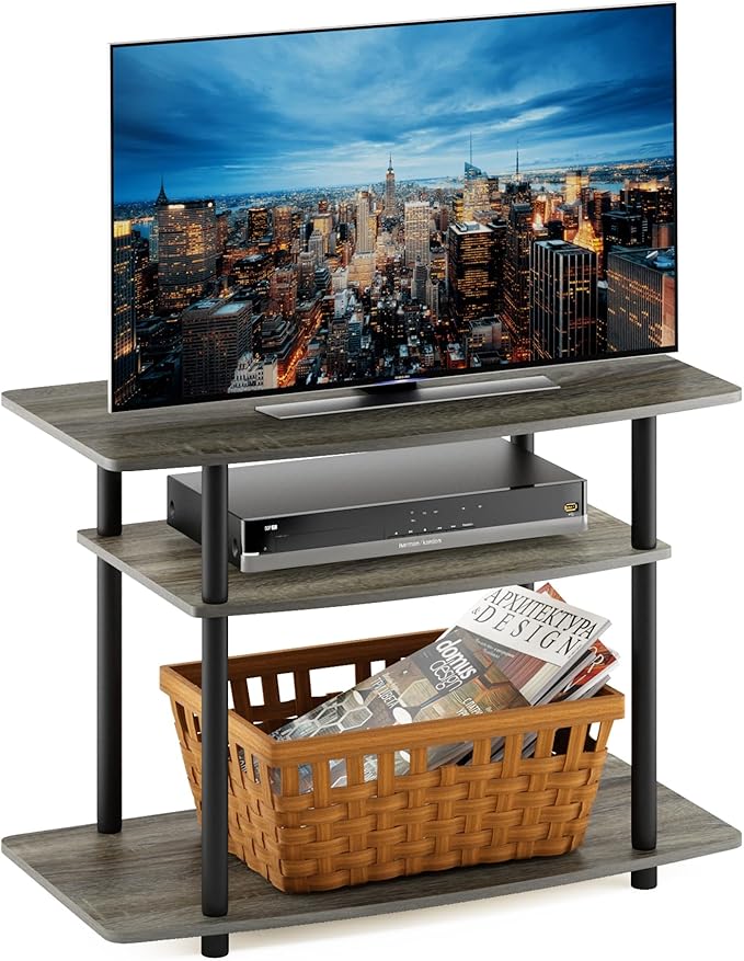 Furinno Turn-N-Tube No Tools 3-Tier Entertainment Center TV Stand for TV up to 32 Inch, Plastic Round Tubes, French Oak Grey/Black