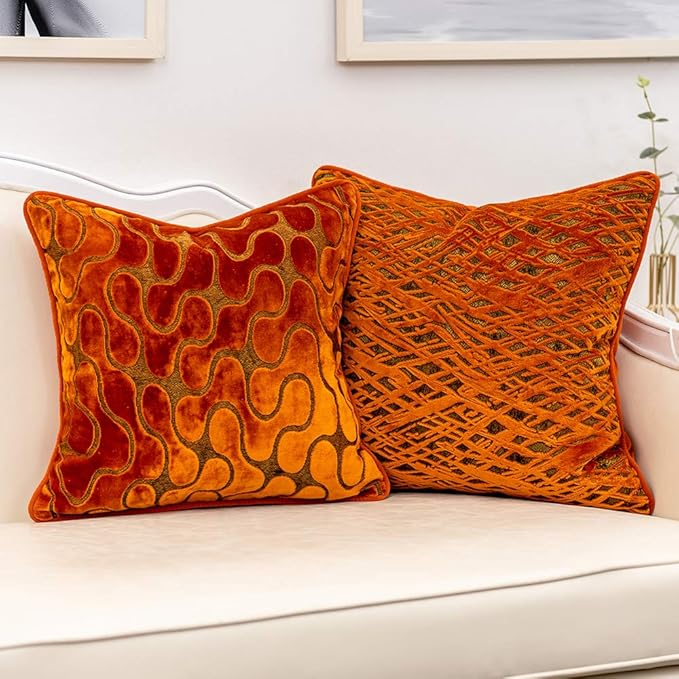 Yangest Orange Square Throw Pillow Cover Wavy Velvet Cushion Cover Modern Zippered Pillowcase for Sofa Couch Bedroom Living Room Chair, 20 x 20 Inch