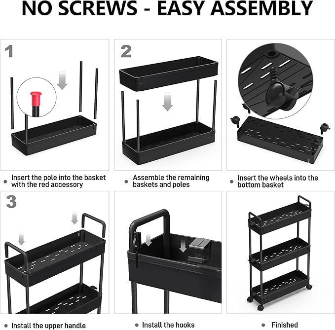 SOLEJAZZ Slim Rolling Storage Cart with Wheels 3 Tier Skinny Bathroom Storage Organizer Thin Laundry Room Utility Cart Space-Saving for Bedside Kitchen Office Small Narrow Places, Black