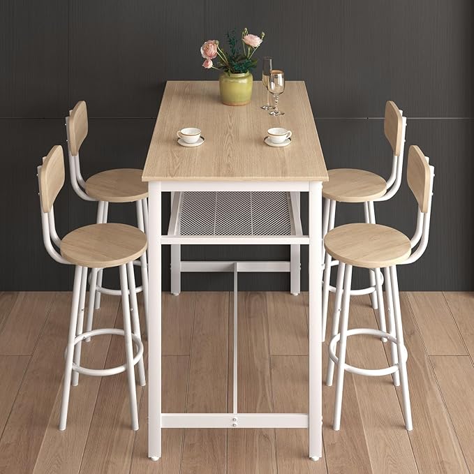 5-Piece Bar Table and Chairs Set, 43.3'' Pub Table Set Modern Small Table and Chairs Set of 4 for Breakfast Nook Living Room Small Space Restaurant, White Oak