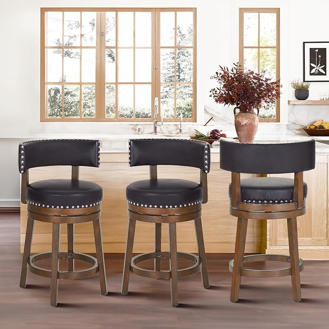COLAMY Swivel Bar Stools Set of 3, Swivel Counter Height Barstools with Back, 25 Inch Modern Upholstered Bar Stools for Kitchen Island Dining Room Bar, Dark Brown