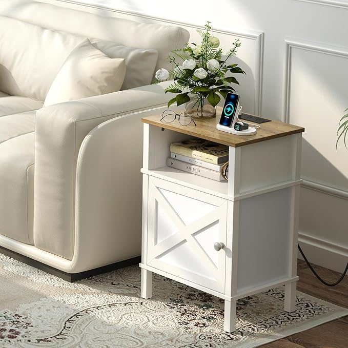 Farmhouse Nightstand with Charging Station, White Bedside Table with USB&Type-C Ports and Outlets, End Table with Storage, Night Stand for Bedroom, White and Rustic Brown WGBZ0601WFE