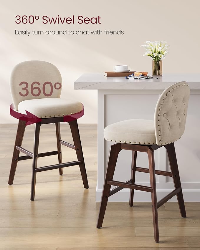 VASAGLE Bar Stools Set of 2, Swivel Counter Height Bar Stools with Back and Wood Legs, Chenille Fabric Upholstered Barstools, 26.2-Inch Tall Counter Barstools for Kitchen Island, Cappuccino Beige