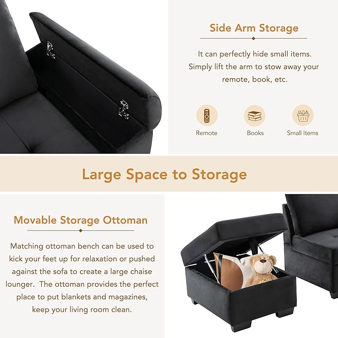Ball & Cast Sleeper Sofa Bed L Shaped Couch with Storage Otooman and Cup Holder,L-Shaped Sectional Couch w/Hidden Arm Storage & USB Charge,4-Seater Sectional Sofa for Living Room,Apartment,Black