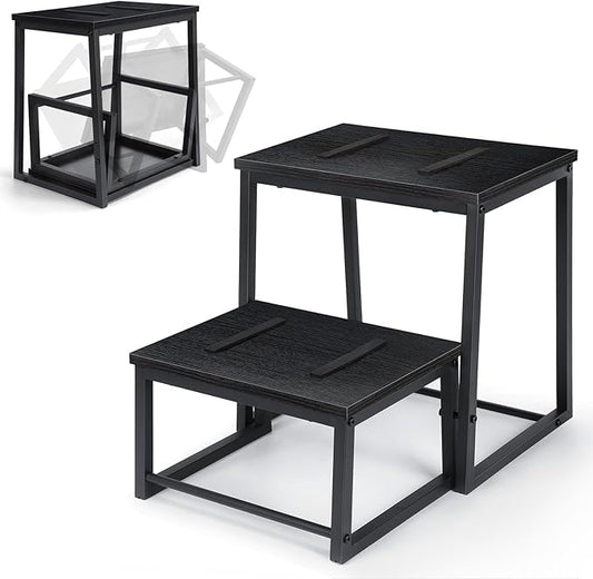 Vrisa Step Stool for Adults Wooden 2 Steps Footstool Heavy Duty RV Bedside Stepping Stool for High Beds with Metal Frame Hold Up 500LB Foot Stool for Kitchen Bathroom Bedroom, Black