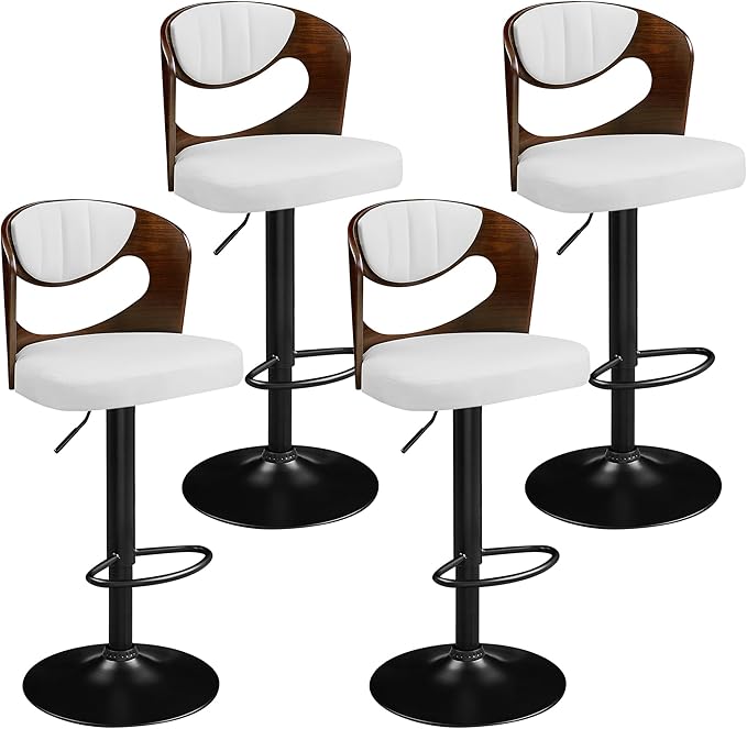 VECELO BarStools Set of 4,Kitchen Island Stools with Bentwood Back,Arm&Footrest,Counter Height Bar Chairs PU Leather Cushion Seat Adjustable Height 360°Swivel,Island Chairs for Club Pub,Creamy White