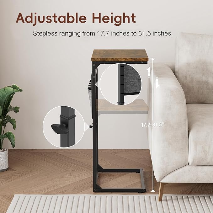 Vagusicc C Shaped End Table, 33'' Tall Side Table for Couch, Adjustable Height Small Couch Side Table for Small Spaces, End Table Slide Under Sofa Table TV Tray Table Arm Table for Living Room, Brown