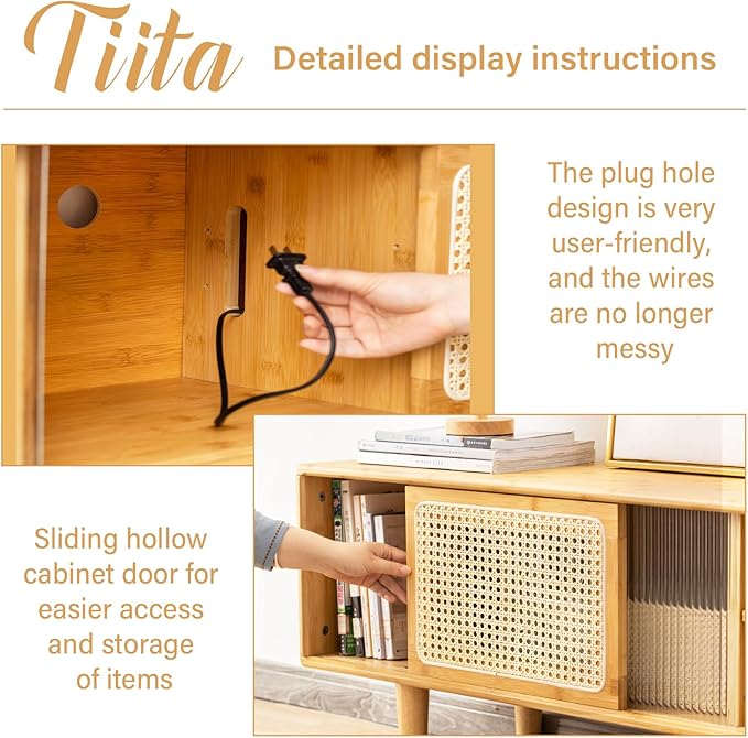Tiita TV Stand with Storage for TVs up to 65'', Bamboo Rattan TV Console Entertainment Center with 2 Open Shelf, Mid Century Modern Media Console for Living Room, Bedroom, Walnut